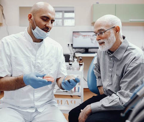 a dentist explaining All-on-4 implants to a patient